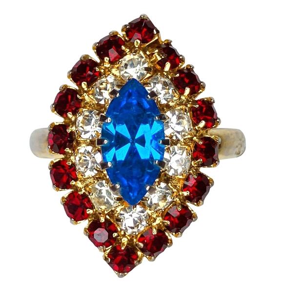 Vintage 60s 70s Cocktail Ring Gold Tone Blue Navette Red Rhinestone Statement - Picture 1 of 13